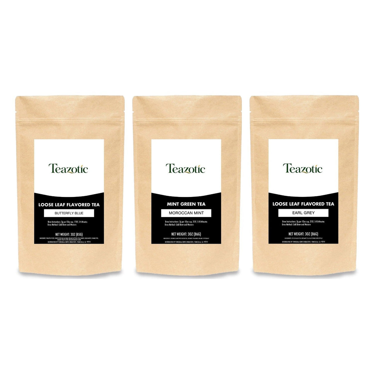 Three Teazotic tea pouches in the Tea Explorer Sampler gift set